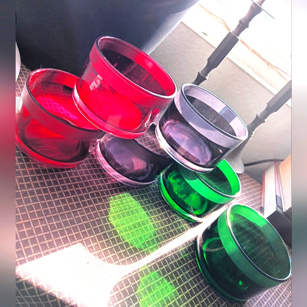 Glass candle holders, 6 pieces, NWOTs red, green, purple.